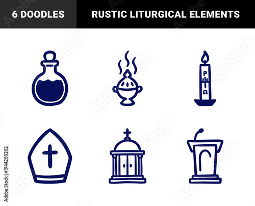 Hand-drawn Christian liturgical symbols and church ritual elements. Rustic blue marker sketch illustrations for religious branding and spiritual identity.