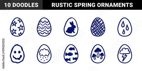 Hand-drawn Easter egg doodles with rustic seasonal patterns. Naive marker sketch illustrations featuring rabbit, stars, rain clouds, and nature motifs.