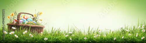 A wicker basket filled with painted easter eggs, grass and daffodils sat in a lush green spring meadow to celebrate a religious event, Easter, with a banner style display background for text..