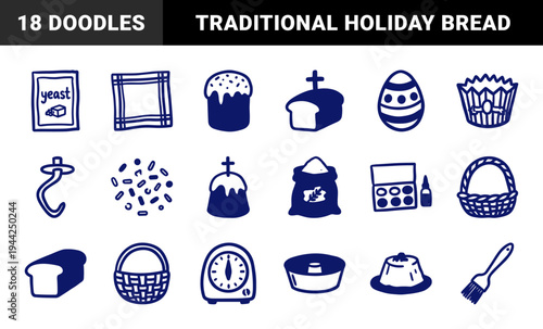 Easter baking and traditional holiday bread elements for rustic brand identity. Naive hand-drawn marker sketch illustrations featuring festive culinary concepts.