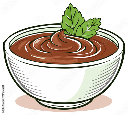 Bowl of rich chocolate dessert with fresh mint leaves for decoration, cartoon style