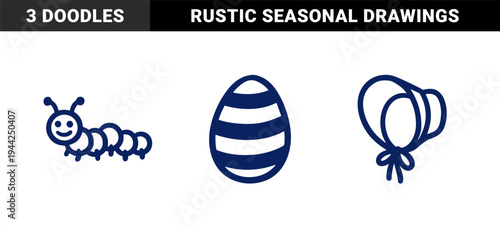 Hand-drawn spring and Easter line art elements featuring a striped egg, caterpillar, and sun bonnet in a naive doodle style.