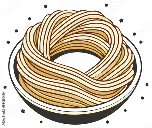 Stylized illustration of a nest of pasta in a bowl with small stars surrounding it