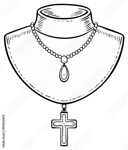 Illustration of a jewelry display bust with a pearl necklace and cross pendant