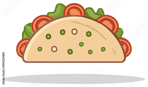 Taco Flat Vector Illustration Featuring Lettuce and Tomato Slices for Food and Restaurant Graphics