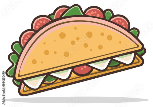 Illustrated depiction of a flavorful taco, filled with fresh vegetables and cheese