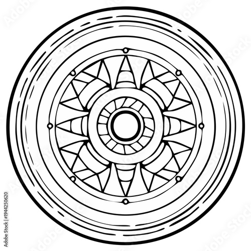 Dharma Wheel Illustration: Intricate Buddhist Symbol in Circular Design for Spiritual Art