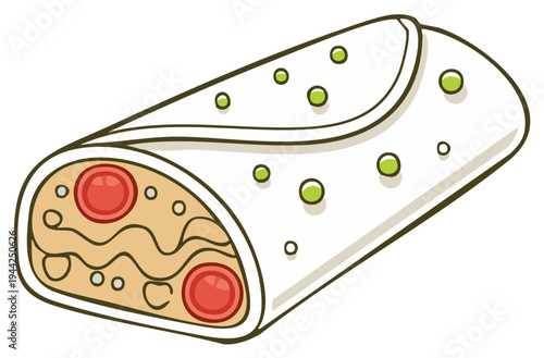 Cartoon burrito illustration, featuring delicious filling and fresh ingredients.