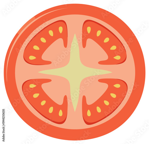 Cross section of a ripe red tomato showing juicy pulp and seeds, fresh food illustration