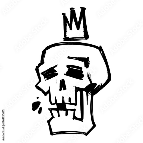 Skull Wearing Crown Illustration in Handcrafted Black Line Art for Royal Streetwear and Edgy Underground Branding.