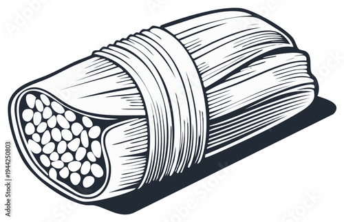 Illustration of Wrapped Savory Tamale with Filling, Traditional Latin American Food with a Leaf Wrapper