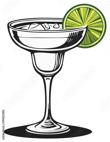 Classic margarita cocktail illustration with lime garnish and ice in a stylish glass for menu or recipe use