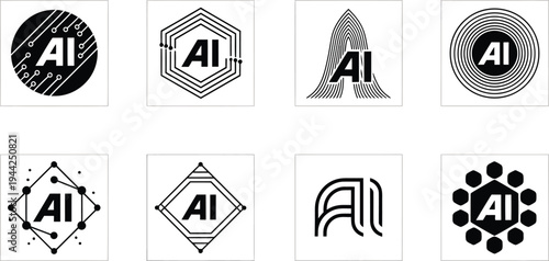 Set of eight minimalist AI logo icons featuring AI text with geometric circuit designs and neural network nodes for artificial intelligence branding AI circuit silhouette AI Generative
