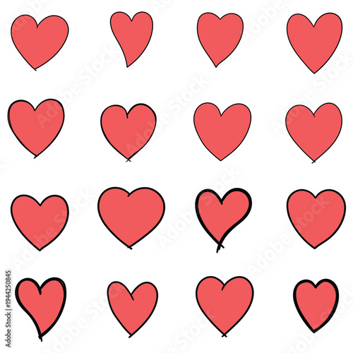 Hand-drawn cartoon set of red hearts on a white background.