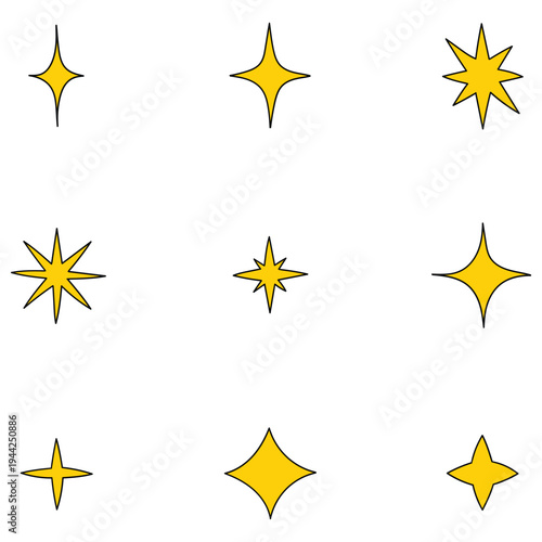 Hand-drawn cartoon set of yellow sparkling stars on a white background.