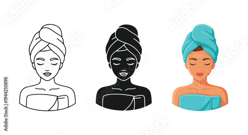 Relaxed Woman Spa Turban Icon Set Flat Design - Minimalist, flat icon, outline, glyph, linear, clipart, sticker - Vector icon set - Glyph icon