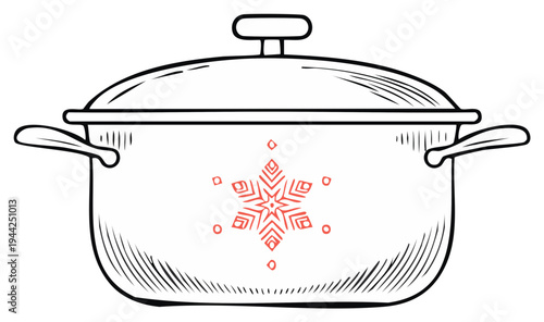Stylized kitchen saucepan with an intricate red snowflake pattern ideal for festive winter meals