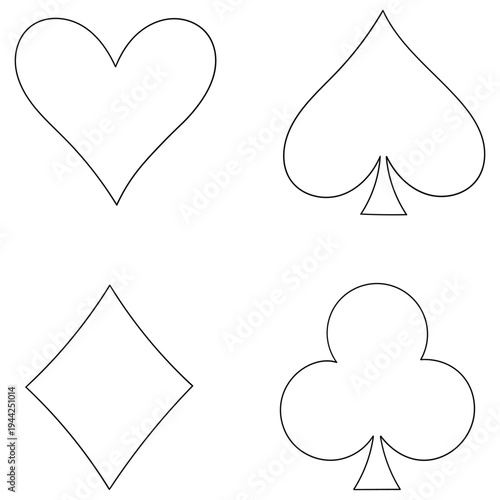 Hand-drawn doodle set of suite deck playing cards on a white background.