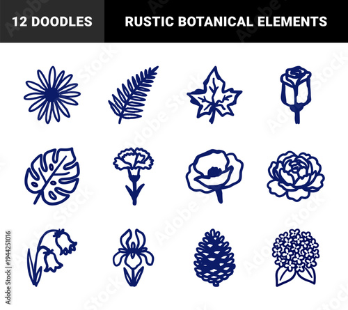 Hand-drawn botanical and floral elements for organic branding. Rustic naive marker sketch illustrations featuring various leaves and spring flowers.
