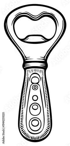 Elegant Bottle Opener Line Art Illustration with Decorative Circles Pattern on Handle