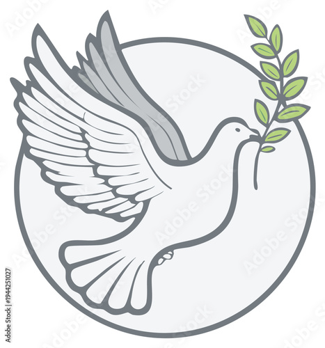 Flying dove with olive branch symbol of peace and hope.