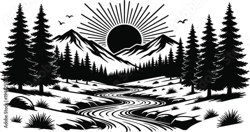 Mountain forest landscape silhouette, sunrise over pine trees with river valley, nature wilderness scenic illustration, adventure outdoor vector design