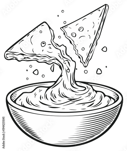 Delicious tortilla chips dipping in cheesy sauce hand drawn illustration for recipe book