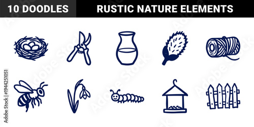 Hand-drawn spring garden and nature elements for rustic brand identity. Naive marker sketch illustrations of plants, insects, and outdoor tools.