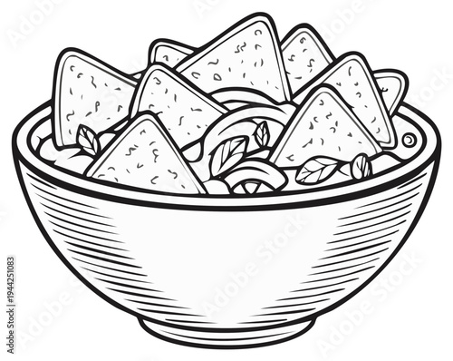 Crispy Tortilla Chips and Fresh Toppings in a Simple Bowl Illustration