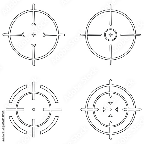 Hand-drawn doodle set of target aim crosshairs on a white background.