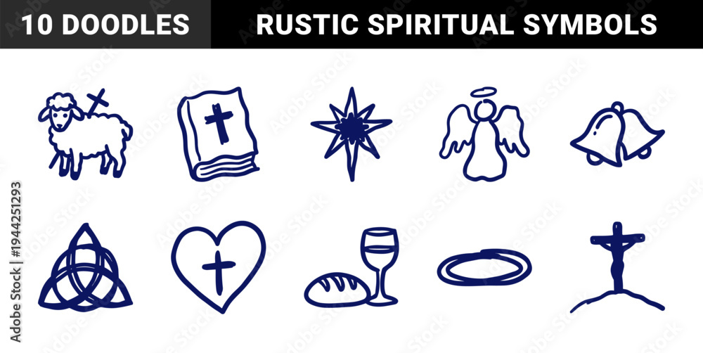 Obraz premium Hand-drawn Christian religious symbols in a naive doodle style for church branding and spiritual projects. Rustic marker sketch illustrations.