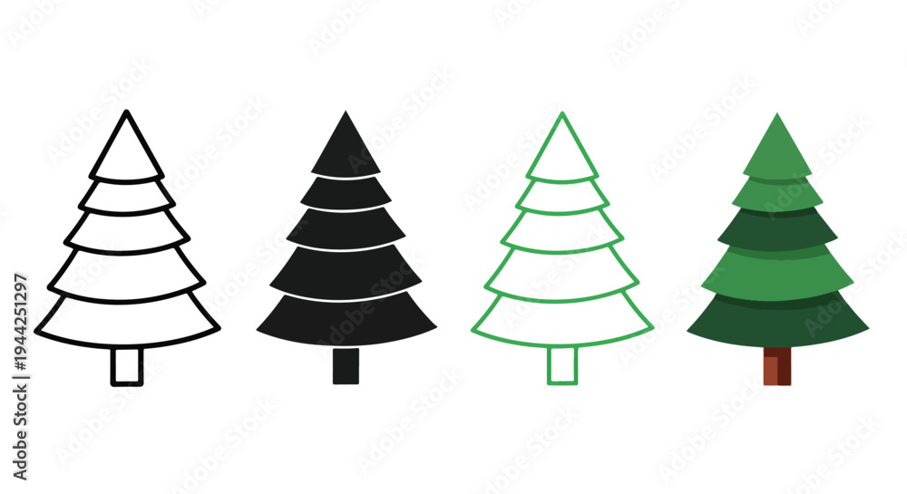 Obraz premium Flat Christmas Tree Icons Set in Black, White, Green - Minimalist, flat icon, outline, glyph, linear, clipart, sticker - Vector icon set - Glyph icon