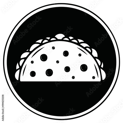 Simplified vector illustration of a stuffed empanada with filling, white outline on black circle, traditional baked pastry