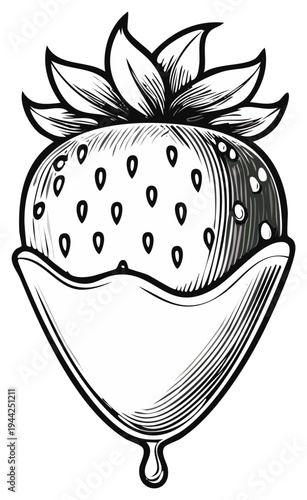 Engraved strawberry dipped in chocolate, dessert illustration