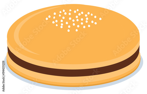Stylized flat illustration of a round chocolate hazelnut spread sandwich cookie with white seeds on top