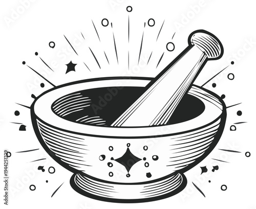 Mortar and Pestle Grinding Ingredients with Magical Sparkles and Stars in Retro Sketch Style