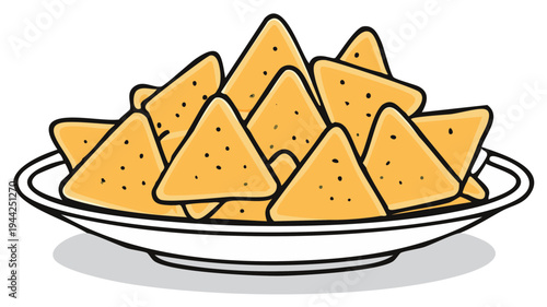 Plate filled with golden triangular tortilla chips tasty snack food illustration art