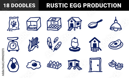 Hand-drawn poultry farming and egg production elements for rustic brand identity. Naive marker sketch illustrations featuring chicken coop, incubator, and organic farm concepts.