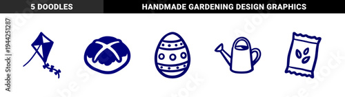 Hand-drawn spring and easter elements in a rustic marker sketch style. Naive doodle illustrations featuring gardening tools, seeds, and seasonal symbols.