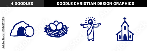 Hand-drawn Easter and Christian religious elements for church branding. Rustic naive marker sketch illustrations featuring resurrection and faith concepts.
