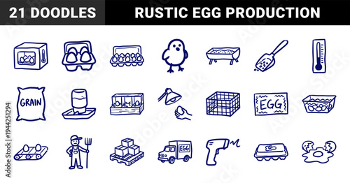 Poultry farming and egg production elements for organic agriculture branding. Crude blue marker sketch illustrations featuring chicken coop and hatchery concepts.