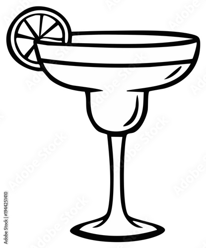 Black and white illustration of a classic margarita cocktail with a lime slice garnish