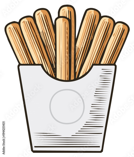 Crispy Golden French Fries in a White Paper Container Illustration