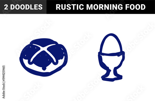 Hand-drawn breakfast food elements in a rustic naive doodle style. Clumsy marker sketch featuring a crusty bread roll and a boiled egg in a cup.