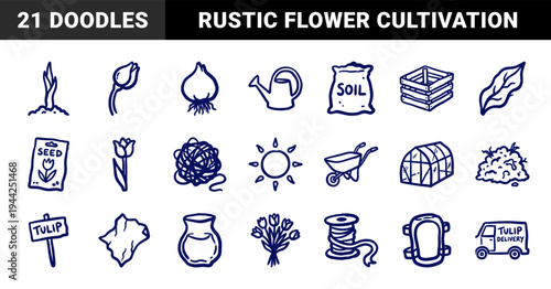 Tulip gardening and floriculture cultivation elements in a rustic hand-drawn doodle style. Naive marker sketch illustrations for botanical branding.