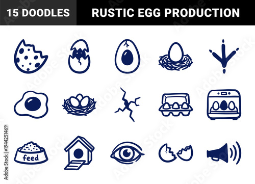 Hand-drawn poultry farming and egg production elements for rustic branding. Naive navy blue marker sketch illustrations featuring hatchery and chicken life cycle concepts.