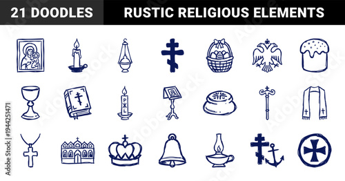 Eastern Orthodox Christian religious symbols and Easter traditions in a naive marker sketch style. Rustic hand-drawn church elements for spiritual branding.