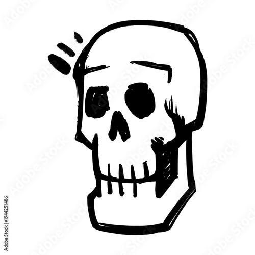 Tilted Head Skull Illustration in Handcrafted Black Line Art for Urban Street Culture and Creative Tattoo Assets.