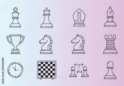 Chess pieces and icons set with trophy clock and board elements