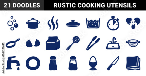 Hand-drawn kitchen utensils and cooking elements for culinary branding. Rustic naive marker sketch illustrations featuring breakfast and food preparation concepts.